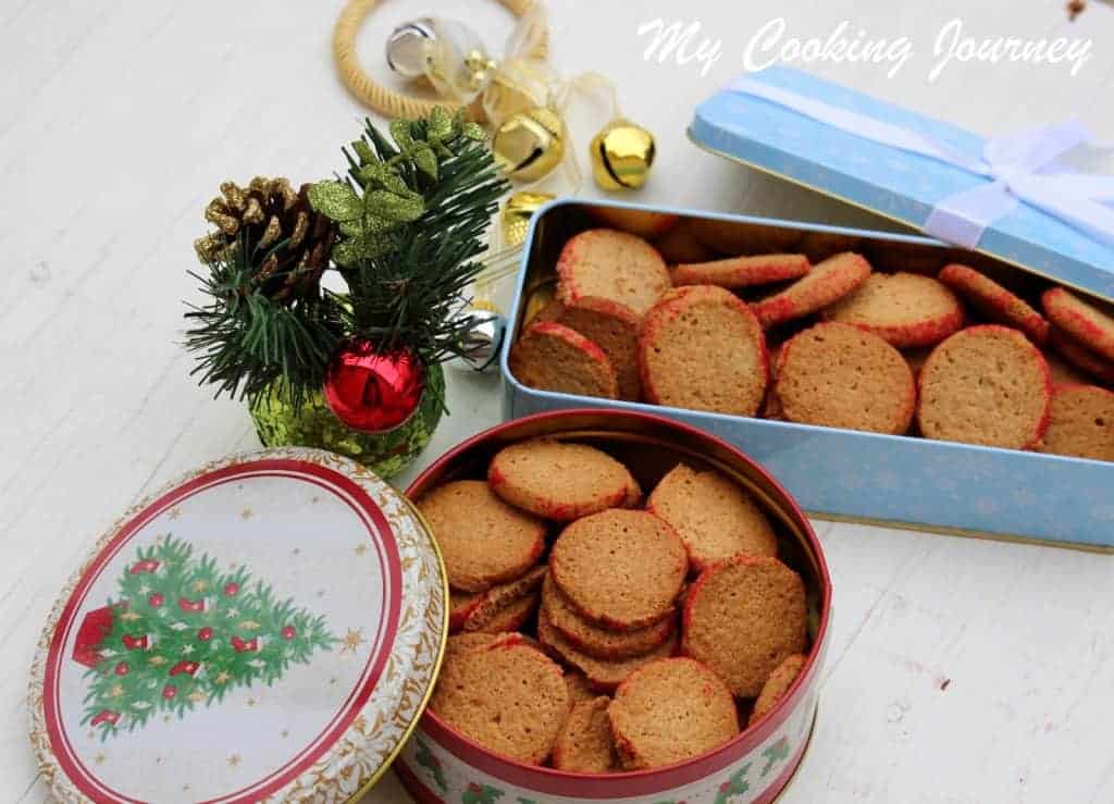 Oat flour and Almond Sables  in holiday boxes with decorations