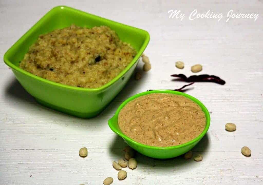 Peanut Chutney in a bowl with chilies