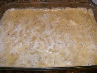 Homemade baklava sliced and ready to go into oven