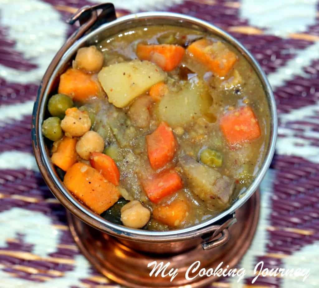 mixed vegetable Kuzhambu in a bucket