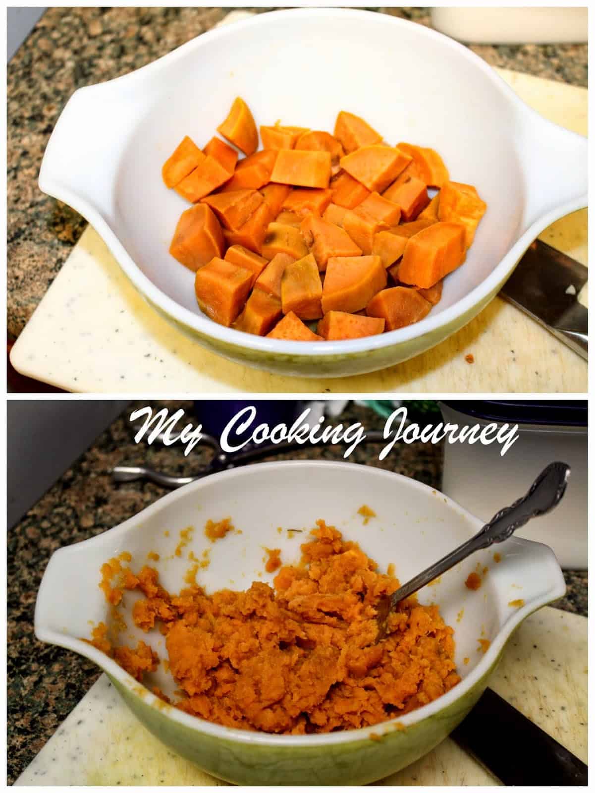 sweet potato in a bowl cooked and mashed