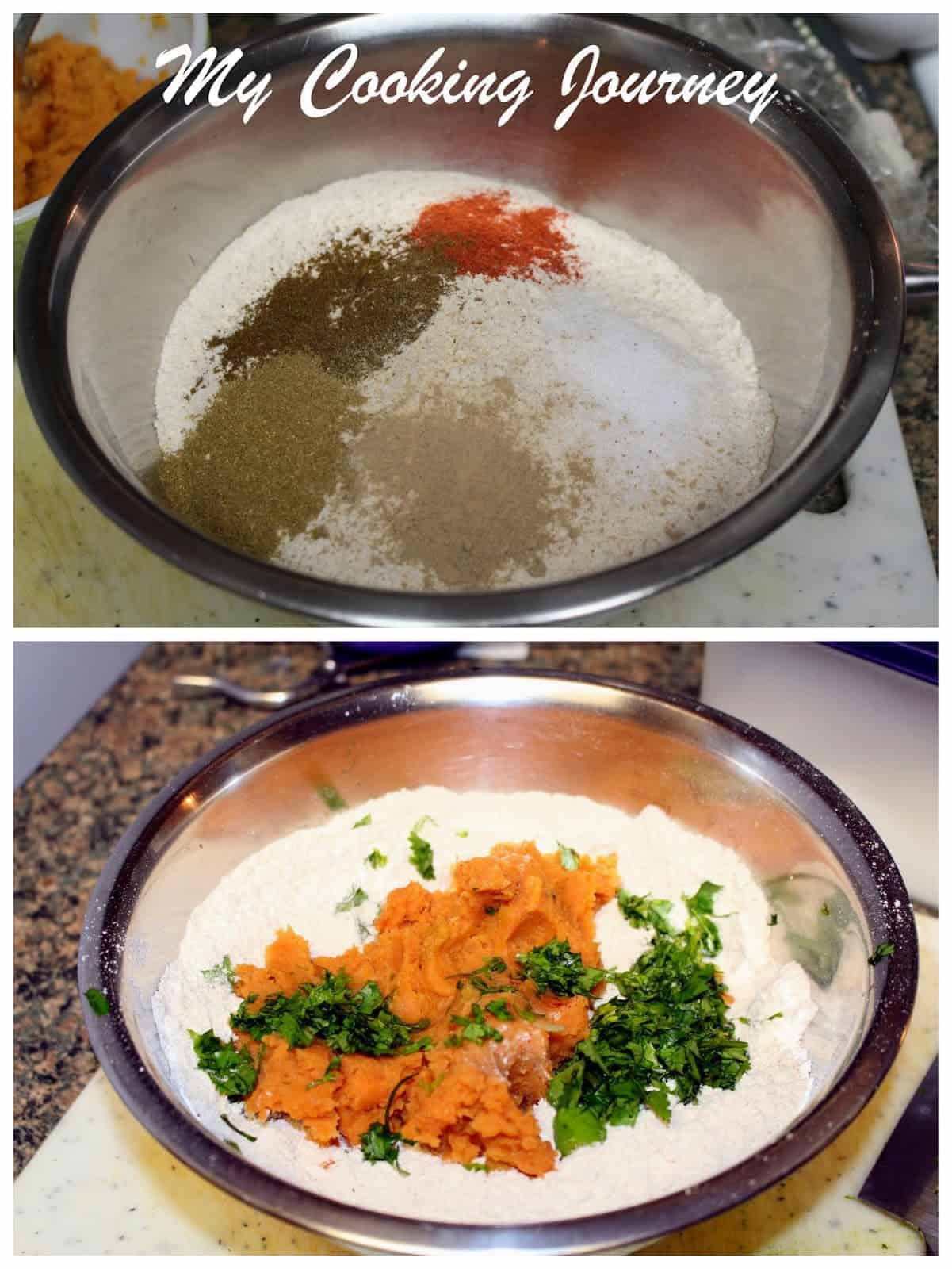 mixing ingredients in bowl for paratha