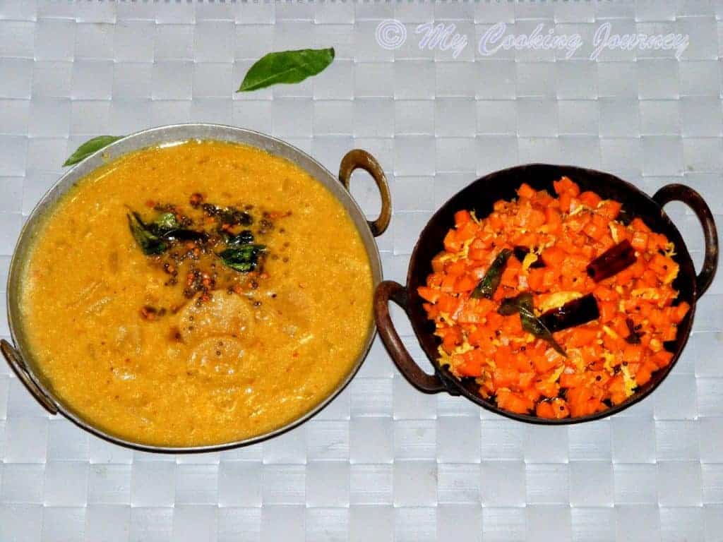 Carrot curry and Vendhaya sambhar is served