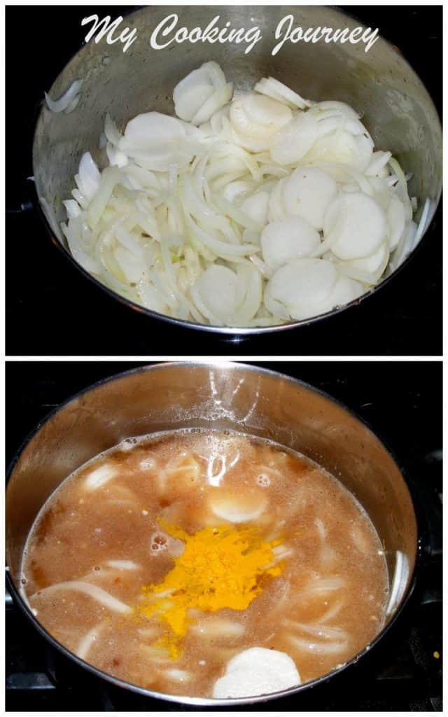 Frying onions and radish and cooking with some water and seasonings