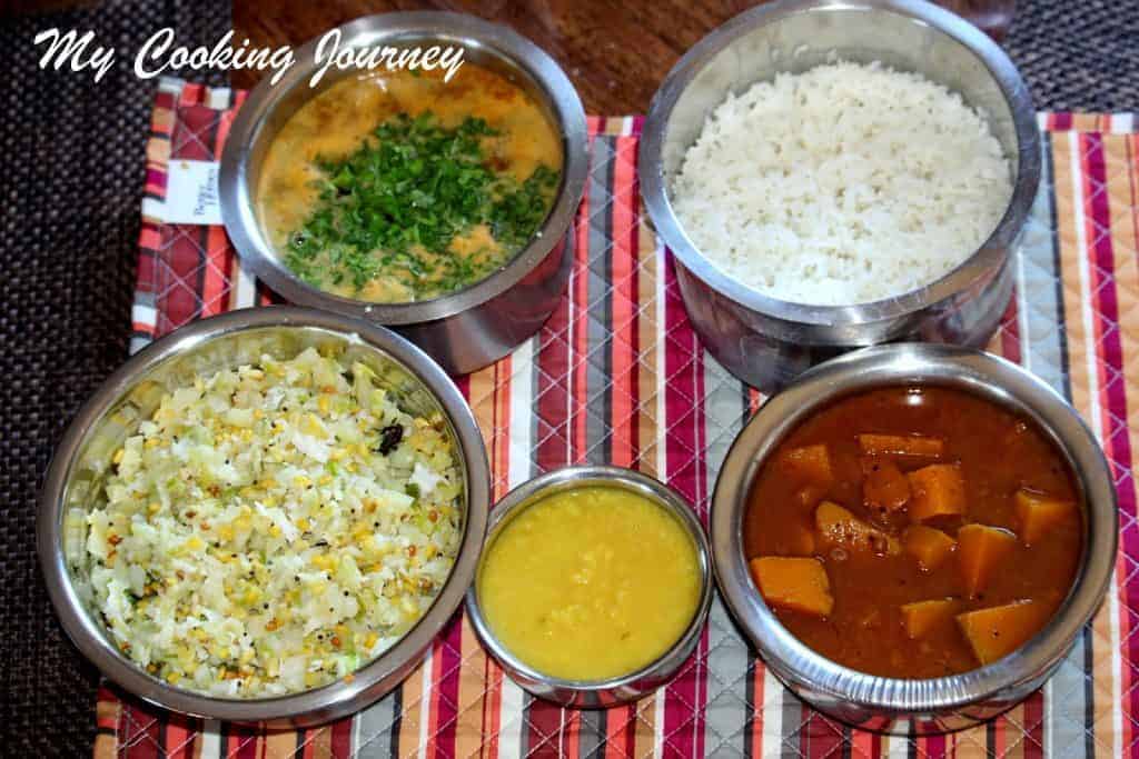 Pumpkin Vathai kuzhambu cabbage curry tomato rasam