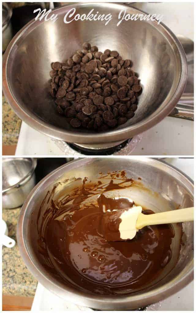 Melting chocolate chips in a bow and mixing it with spatula