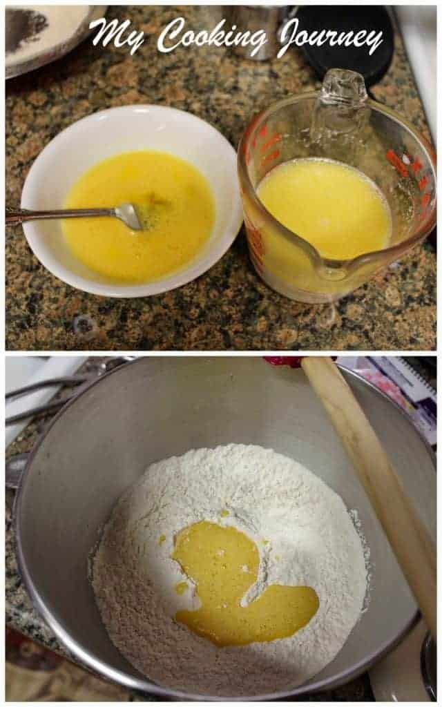 Milk, egg and melted butter in bowl and making dough in mixer