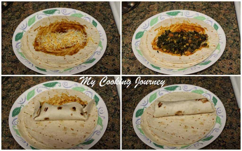 Adding the spinach filling and cheese in the center of the tortilla and rolling it.