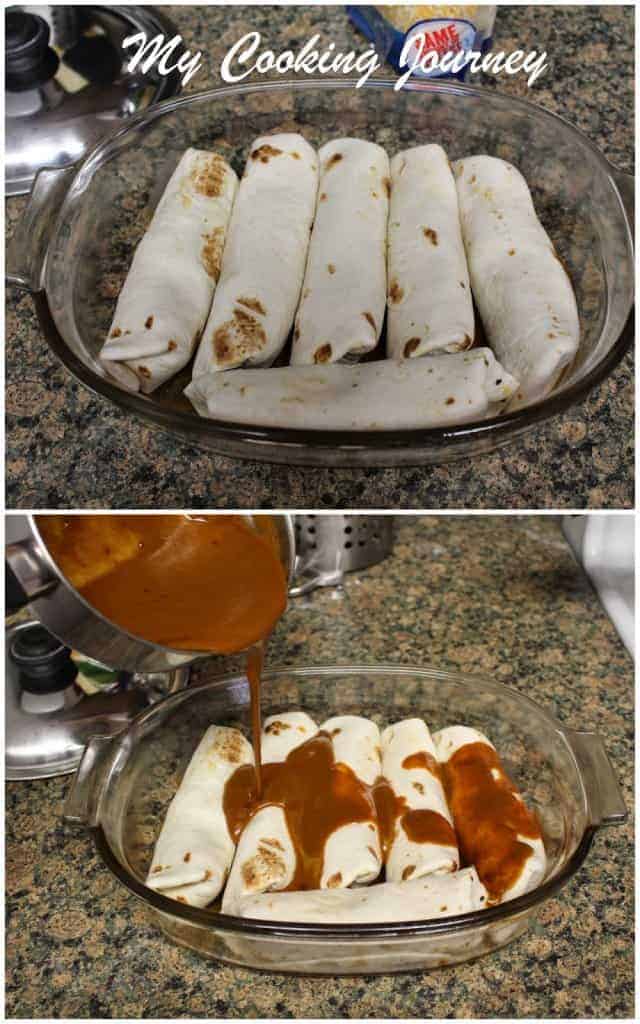 Placing the Enchiladas in a baking tray and covering it with sauce