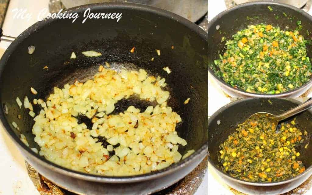 Cooking Spinach and onion in a pan