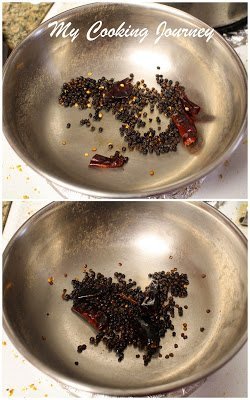 Frying the red chilies and black pepper in a Bowl
