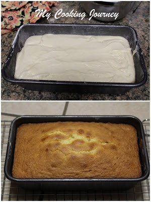 Batter is in pound cake tin baked and golden