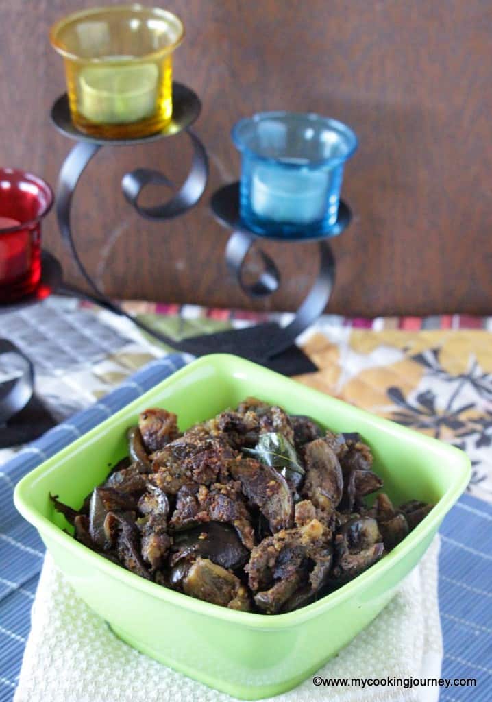 Eggplant Poriyal served in a dish.