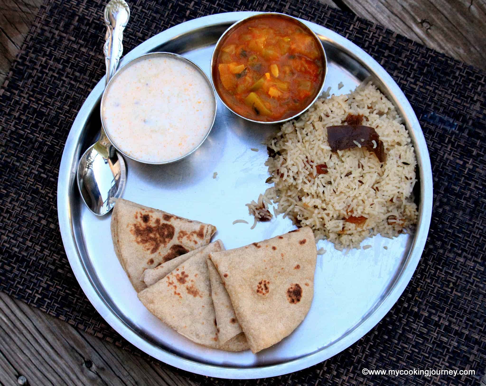Lunch Dinner Menus – North Indian Lunch / Dinner Menu #1 – Lauki Subzi , Jeera Pulao, Phulka and Cucumber Raita North Indian Thaali %%
