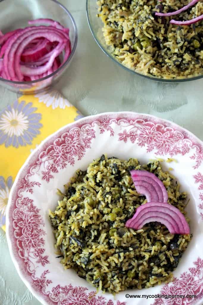 Palak and Peas Pulao on a plate