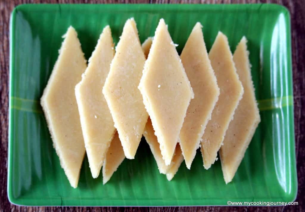 Badam Burfi arranged on a green plate