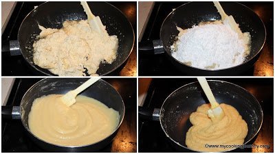 process shot for cooking almond paste for badam burfi