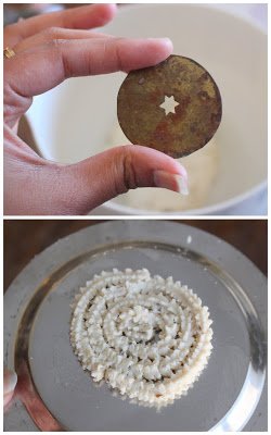 Shaping the Manapparai Murukku on a plate