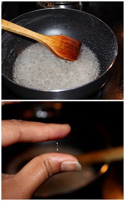 sugar syrup showing the single thread consistency between 2 fingers