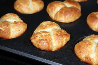 No Knead Cloverleaf Dinner Rolls in a cupcake tin