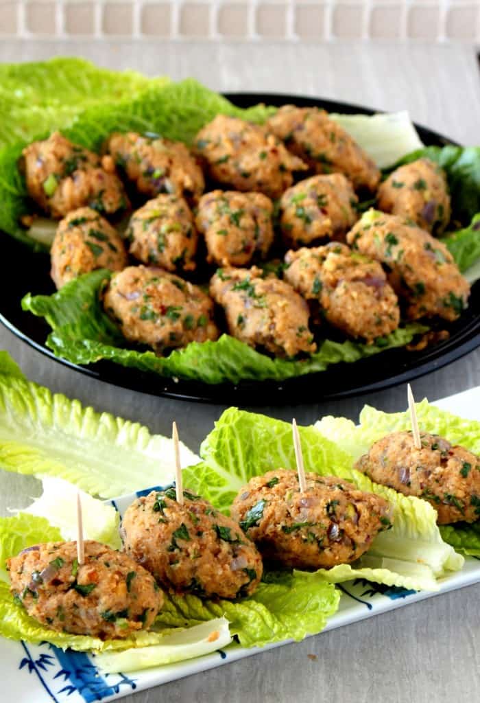 Turkish Red Lentil and Bulgur Kofte in plate and over lettuce wrap