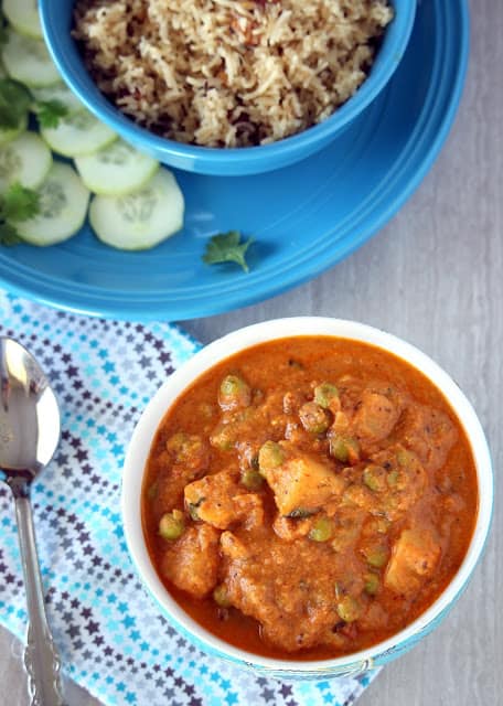 Shahi Aloo Matar | Potatoes And Peas In Rich Tomato Gravy