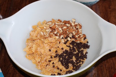 cereal, nuts and chocolate chip in bowl