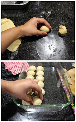 Making small balls and placing in to the pan.