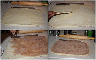 spreading cinnamon and sugar on dough