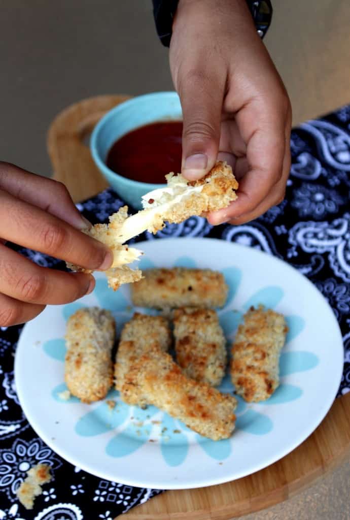 Egg less and Baked Mozzarella sticks, look at the stretching of the cheese.