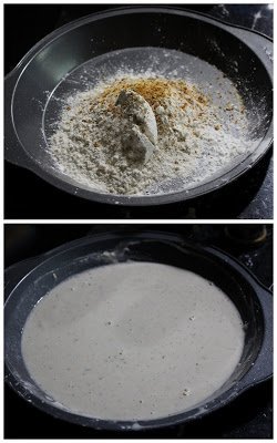 Mixing the flour and spices to make batter.