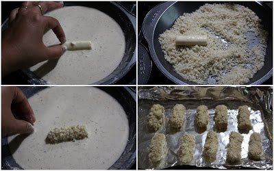 Rolling cheese into batter and bread crumbs,