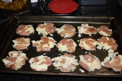 smashed potatoes on a tray