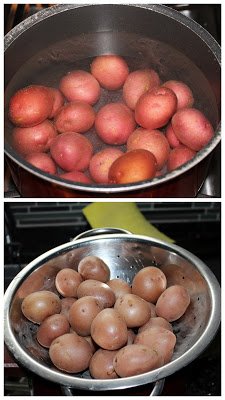 Boiling tiny red potatoes in pot of water and then drained