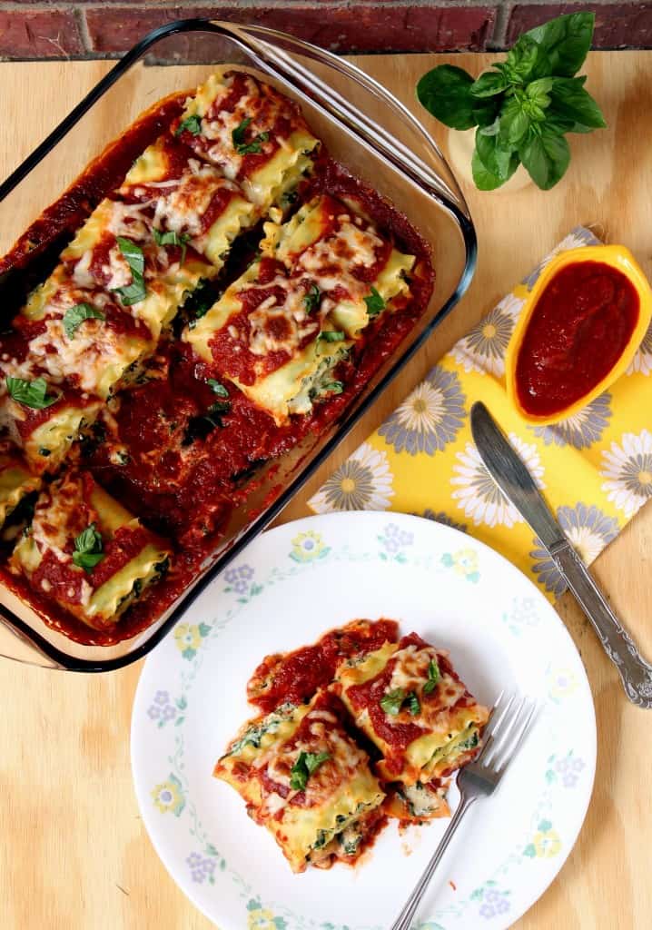 Spinach and Ricotta Cheese Lasagna Roll-Ups in a dish