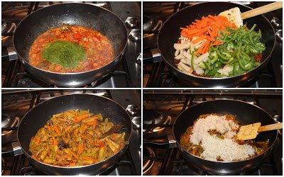Addubg vegetables and rice in a pan