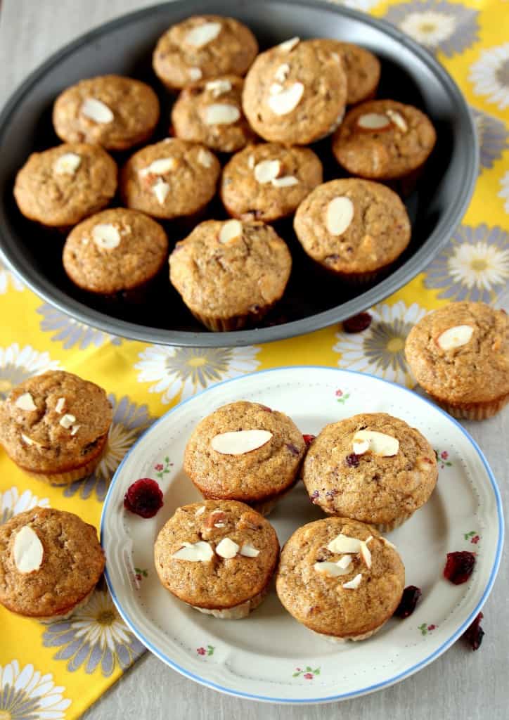 Whole Wheat Banana Cranberry Almond Muffins served in a plate