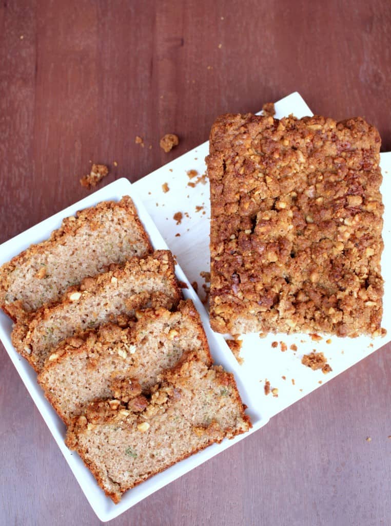 Zucchini Bread with Walnut Crumble Topping in a dish.
