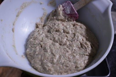 Mixing batter with spatula.