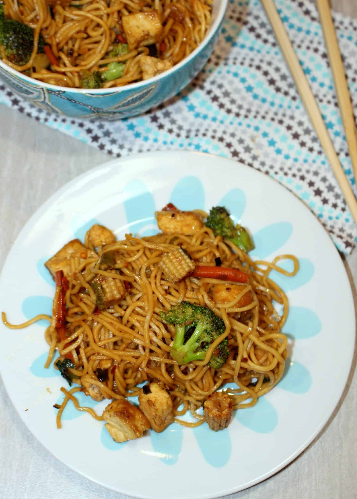 Chinese Vegetable and Tofu Lo Mein in a Plate