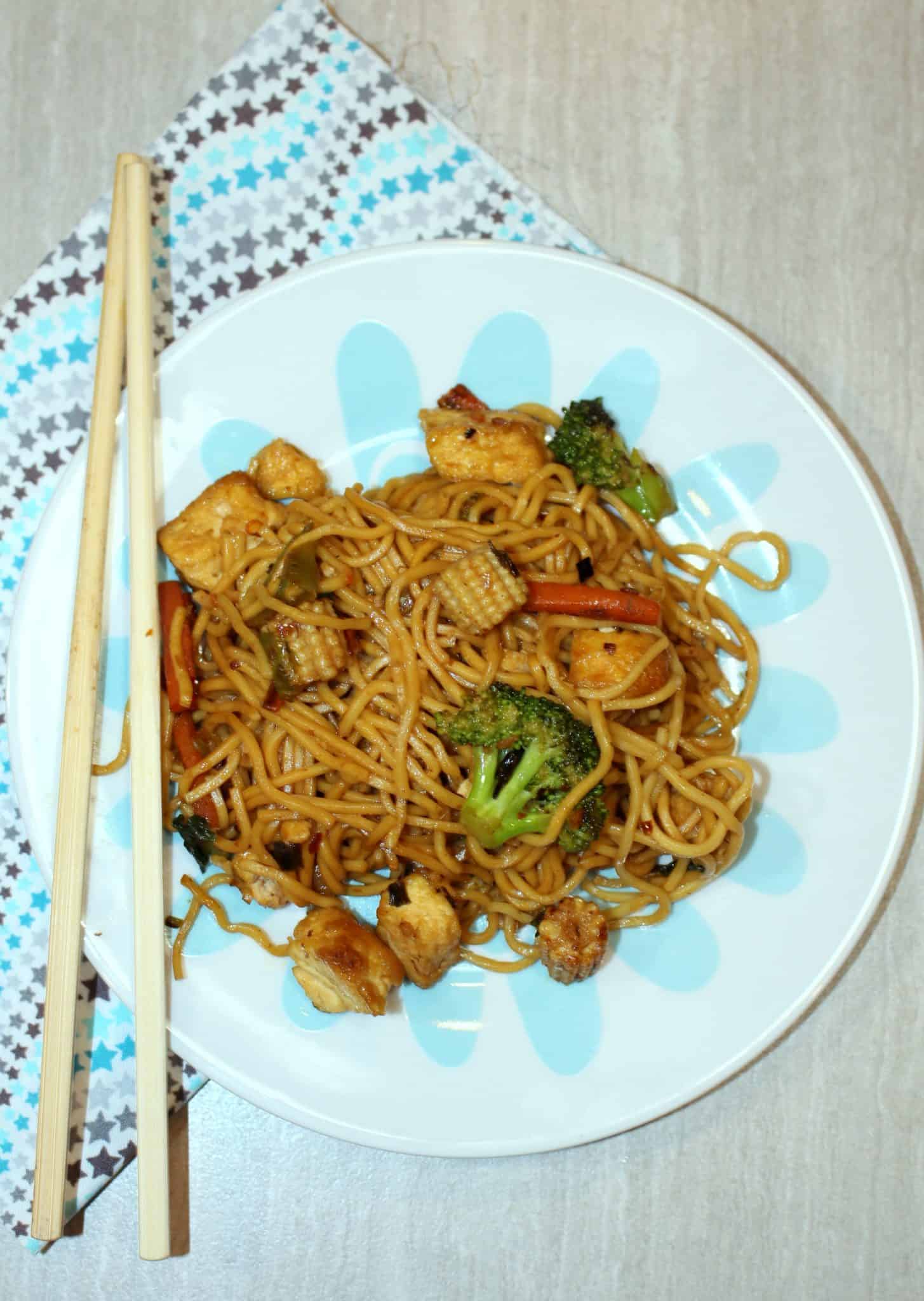 Vegetable Lo Mein - Chinese Vegetable and Tofu Lo Mein in a Plate with chopstick