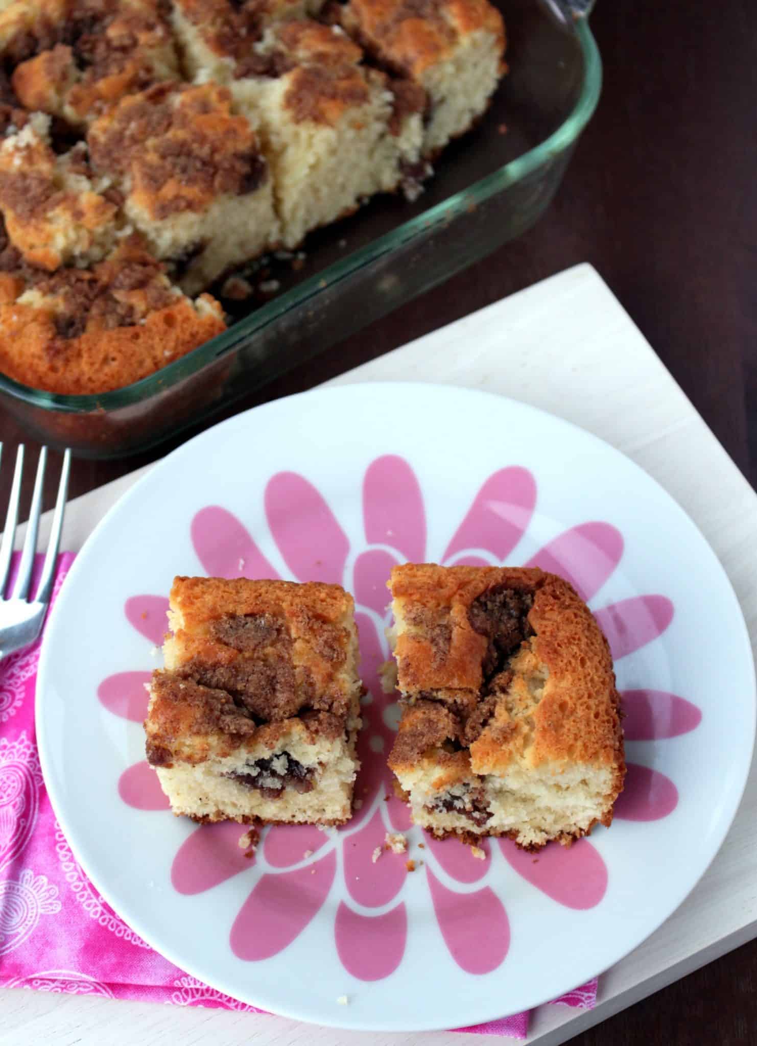 Coffee Cake cut in squares and serving in a dish