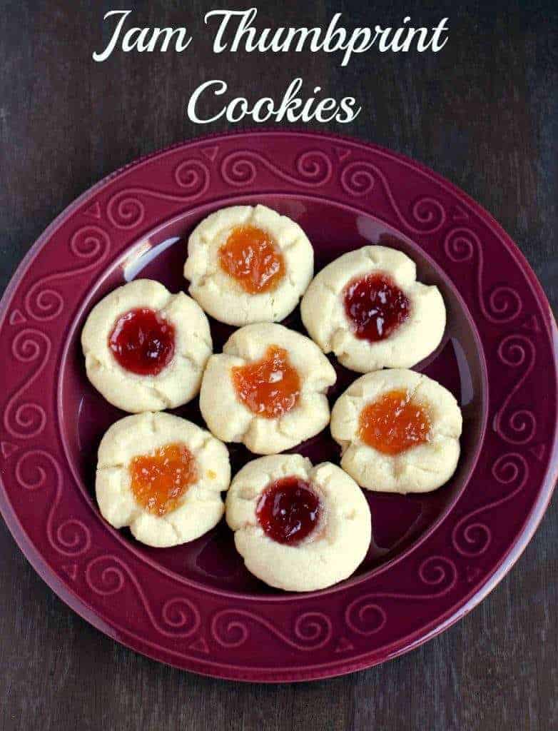 Jam Thumbprint Cookies in a red plate - top view