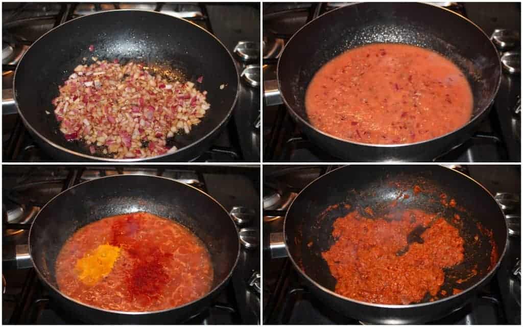 Kadai Vegetable Gravy - Mixing Onions with tomato puree and spices