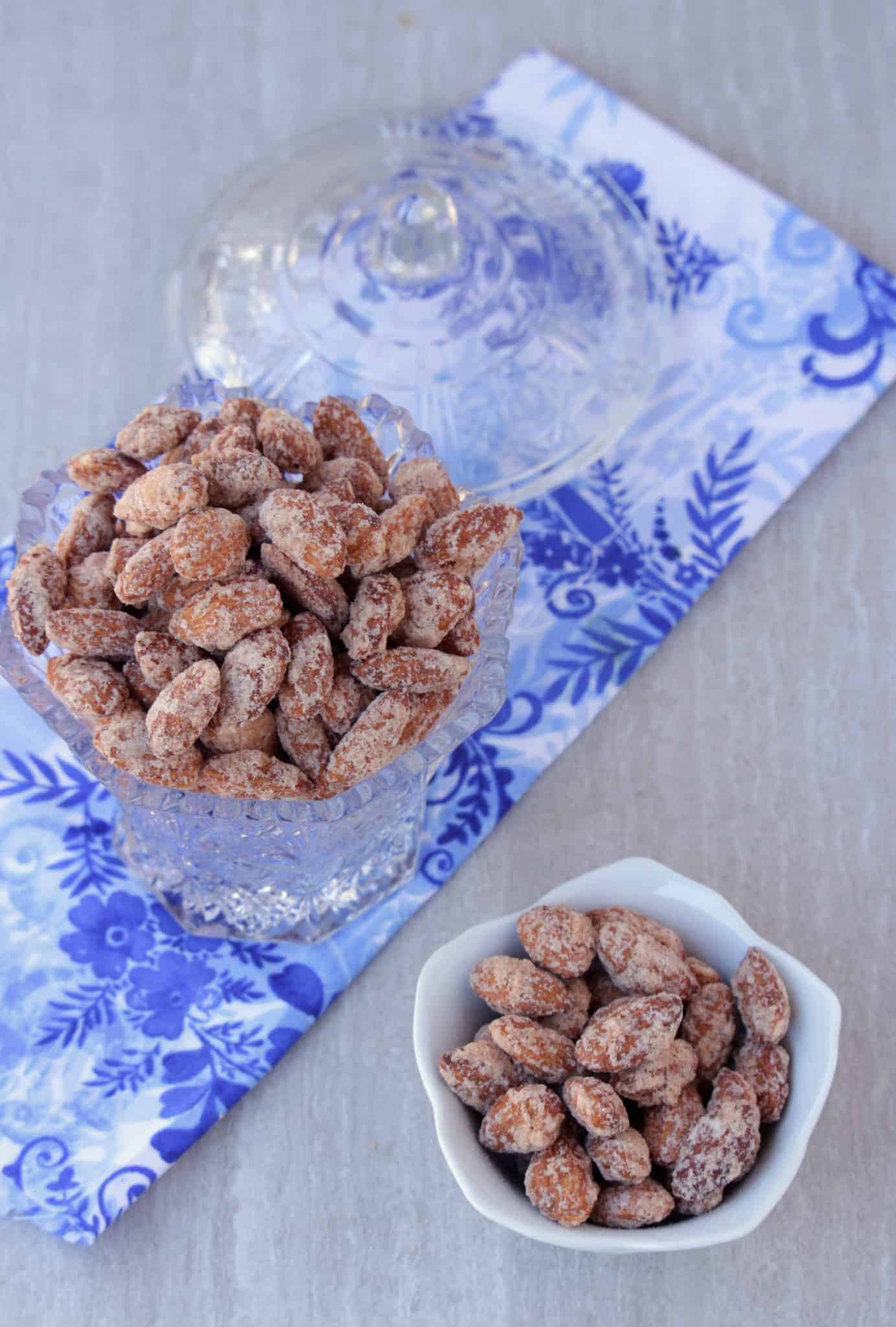 Candied Almonds in bowl and jar