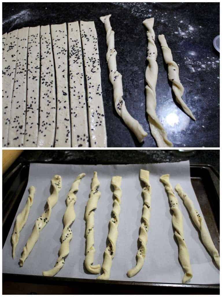 process shot to showing breadstick twisted and placed on baking tray
