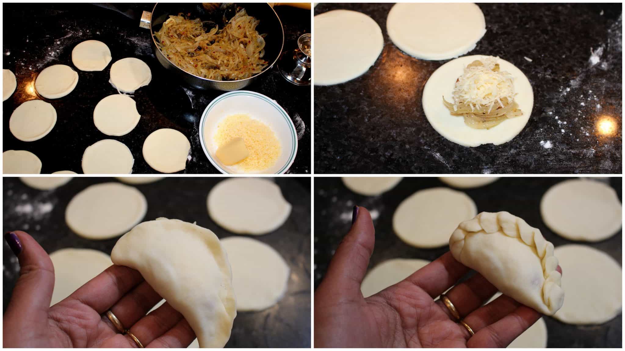 Process shots showing how to roll, cut, fill and seal empanada