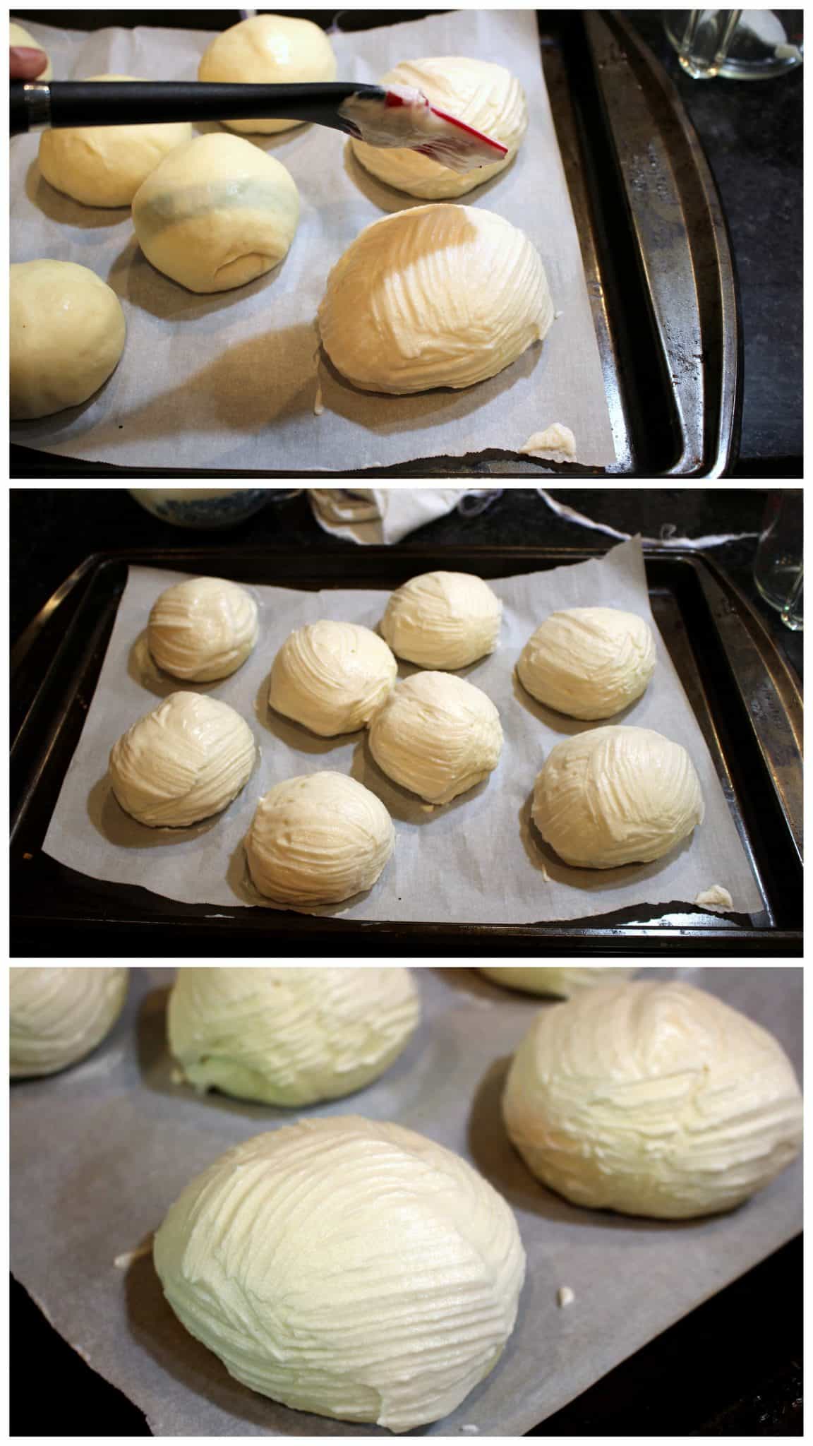 Brushing the dough balls with tiger paste for the Tijgerbrood
