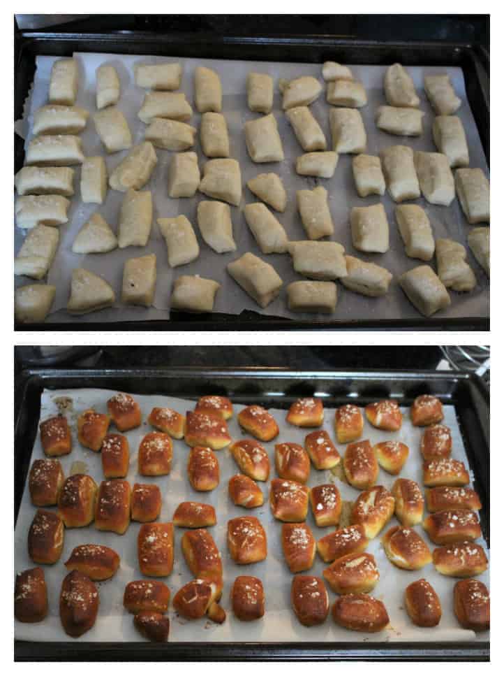 shaped soft pretzel bites in a tray and baked pretzel bites