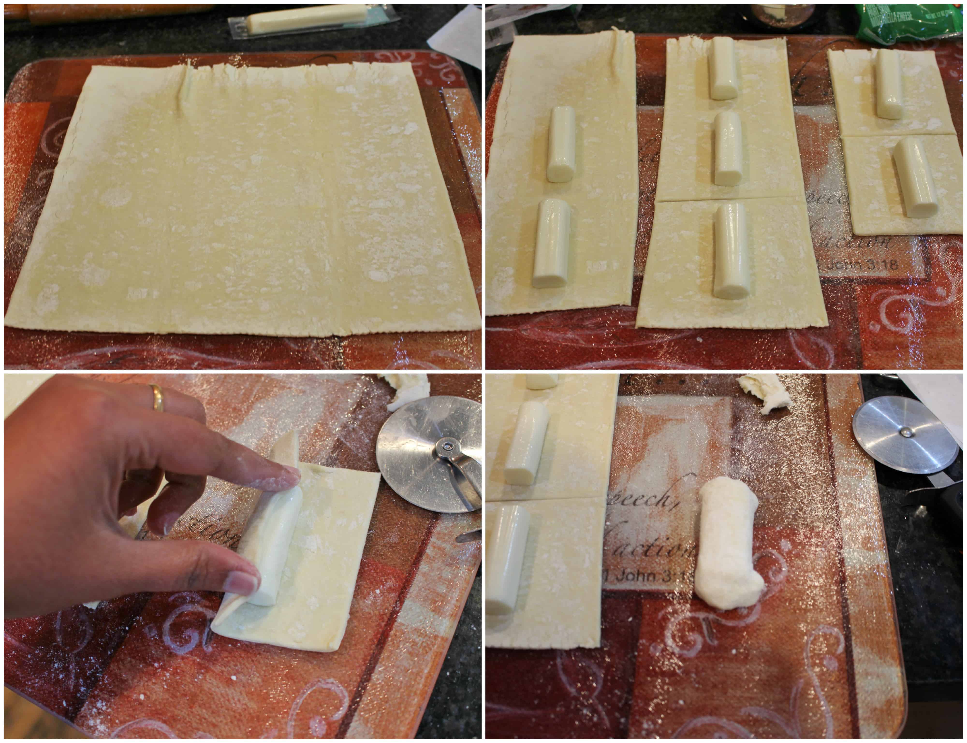 wrapping the cheese in the puff pastry sheet
